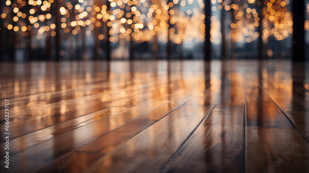 Blurred Christmas lights - Wood floors - Christmas -Holiday - Background - Festive 