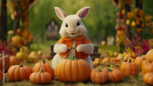 Rufus Rabbit eats parsley surrounded by fall pumpkins generative ai