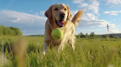 Side view of golden retriever playing with ball generative ai