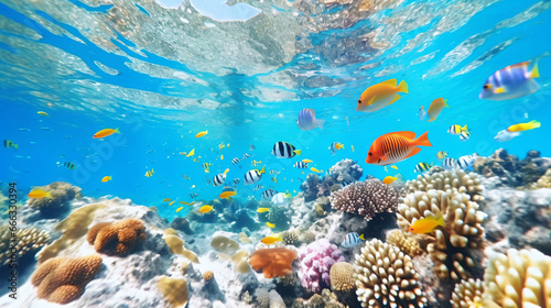 透明度の高い珊瑚のあるきれいな浅瀬で、カラフルな魚がたくさん泳いでる海の中