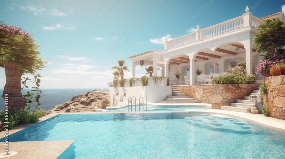Traditional mediterranean white house with pool generative ai