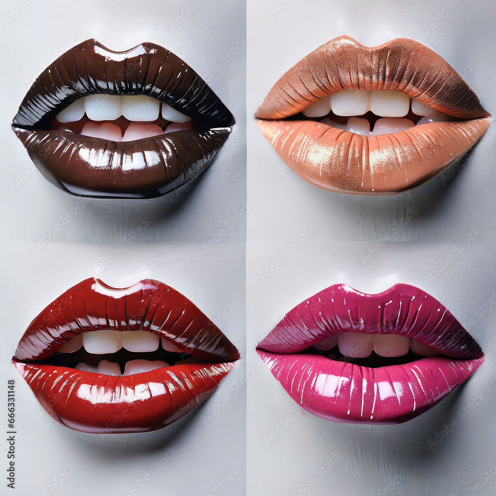Obraz premium Different lipstick prints of women lips on white background