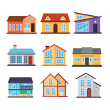 Set of Facade of a Modern House Design Isolated Element Objects with Home Real Cottage Estate Apartment Construction Building. Flat Style Icon Vector Illustration