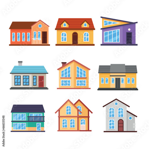 Set of Facade of a Modern House Design Isolated Element Objects with Home Real Cottage Estate Apartment Construction Building. Flat Style Icon Vector Illustration