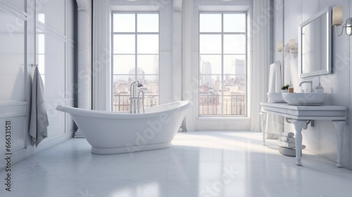 White bathroom with white bathtub front view generative ai