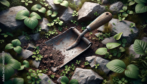 Photo réaliste d'une pelle en métal posée sur un sol rocheux avec des herbes et des feuilles autour. photo