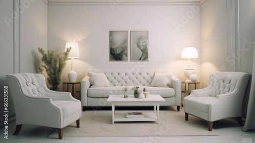 White living room corner with sofa armchairs generative ai