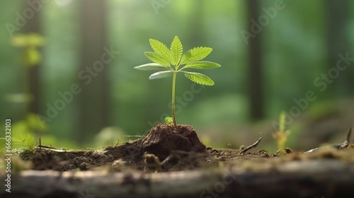 . Young rowan tree seedling grow from old stump generative ai