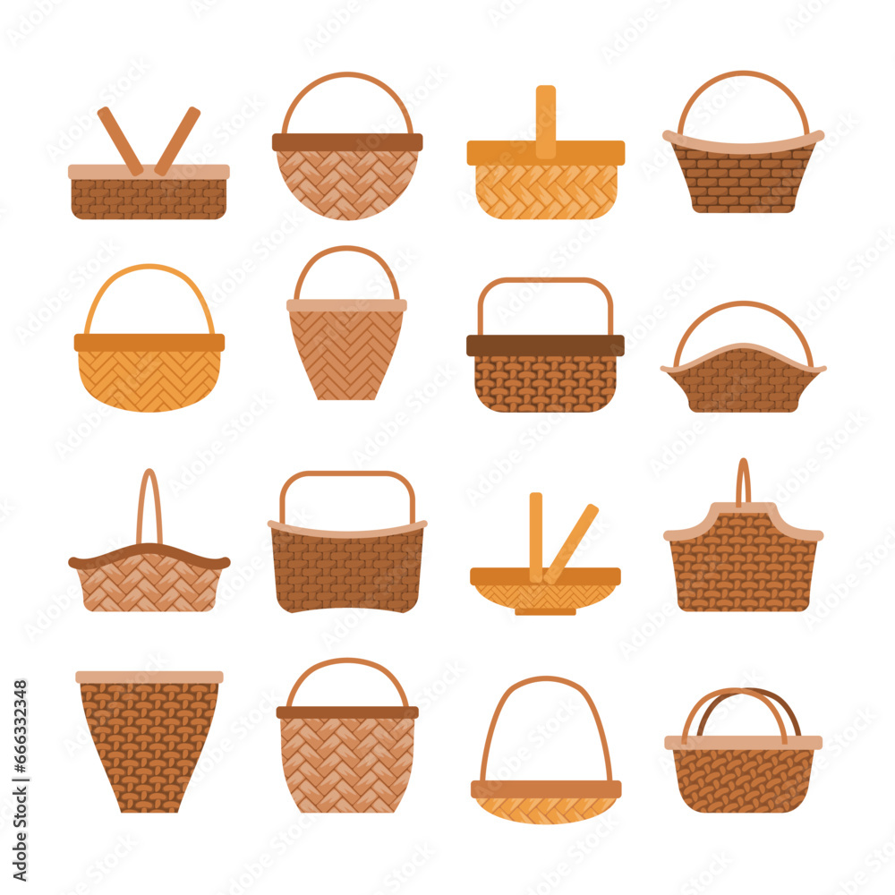 Set of Picnic Empty Basket Isolated Element Objects for Camping Vacation Travelling with Wooden handmade handler. Flat Style Icon Vector Illustration