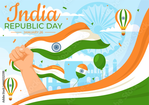 Happy India Republic Day Vector Illustration on 26 January with Indian Flag and Gate in Holiday National Celebration Flat Cartoon Background Design