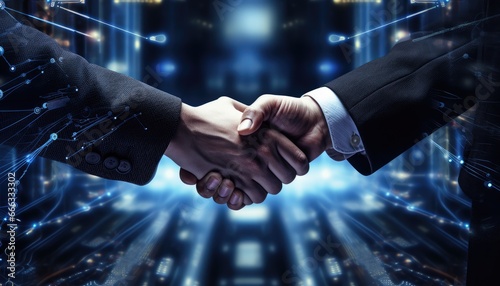Digital Partnership, Business Handshake Amidst Futuristic Data Streams: