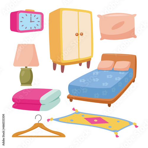 Set of Sleeping Bedroom Isolated Element Objects with Blanket, Carpet, Hanger, Pillow, Digital Clock and Bed. Flat Style Icon Vector Illustration