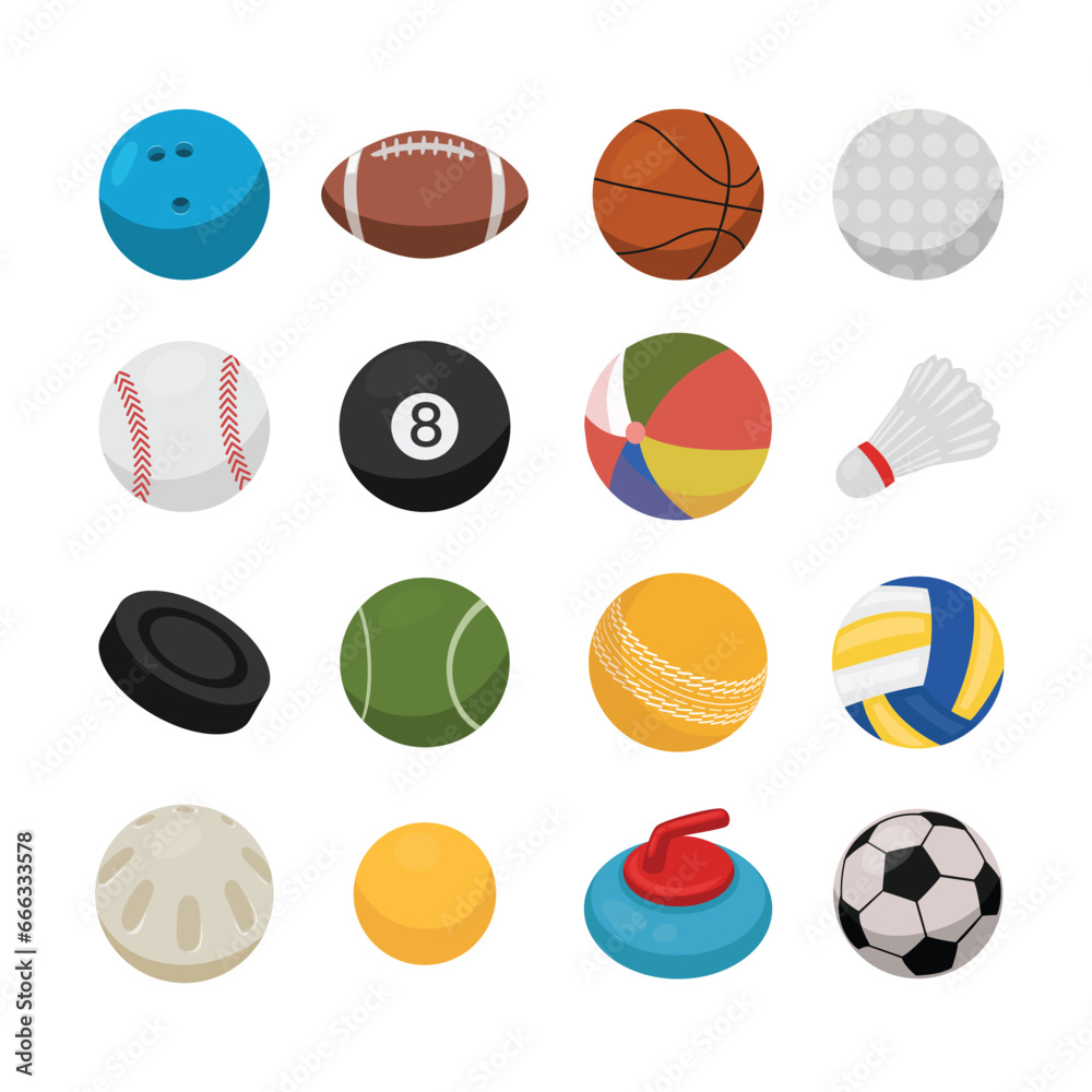 Set of Sport Balls Isolated Element Objects with Polo, Basketball, Beach, Wiffle, Tennis, Bossaball, Soccer, Volleyball, Football. Game Competition. Flat Style Icon Vector Illustration