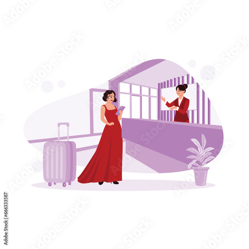 Friendly receptionist and beautiful tourist checking checkout documents at the hotel. Hotel Receptionist Concept. trend modern vector flat illustration