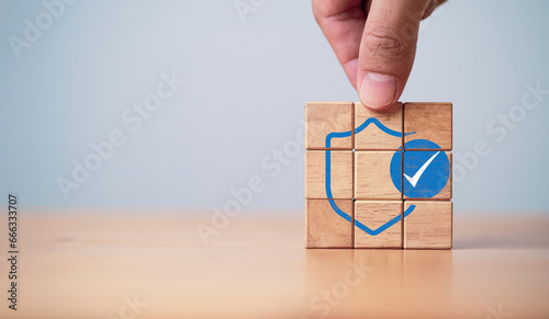 Принти на полотні Correct sign or tick mark symbol on wooden block cube for verify code before access concept