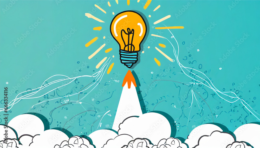 Idea light bulb flying to the sky like a rocket - Flat lay Idea light bulb flying to the sky like a rocket - Flat lay