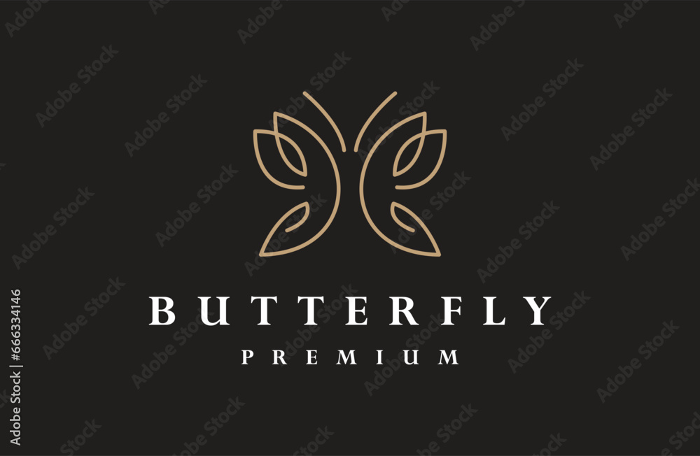 Butterfly Logo. Gold Butterfly inside with simple minimalist line art monoline style.