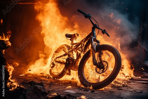 Image of a burning e-bike caused by an overheated lithium battery, posing a safety risk to the rider. Generative AI