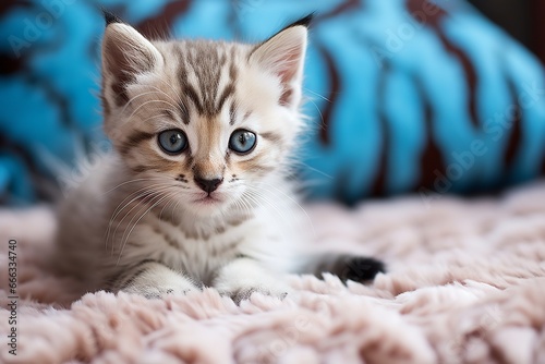 A fluffy white kitten with bright blue eyes sits on a pink blanket, its curious expression and playful demeanor capturing the essence of feline innocence and joy.