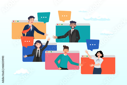 Businessman and businesswoman join meeting from computer, online meeting, conference video to discuss work, team meeting or brainstorm for new idea, collaboration, teamwork or cooperation (Vector) photo