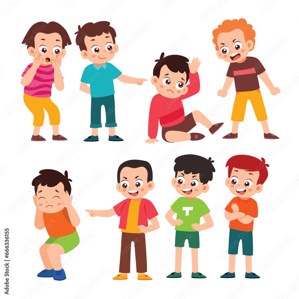 Set of Cute Little Boy Bullying Kid Being Bullied Children with Various Different Poses. Activity Isolated Element Objects. Flat Style Icon Vector Illustration