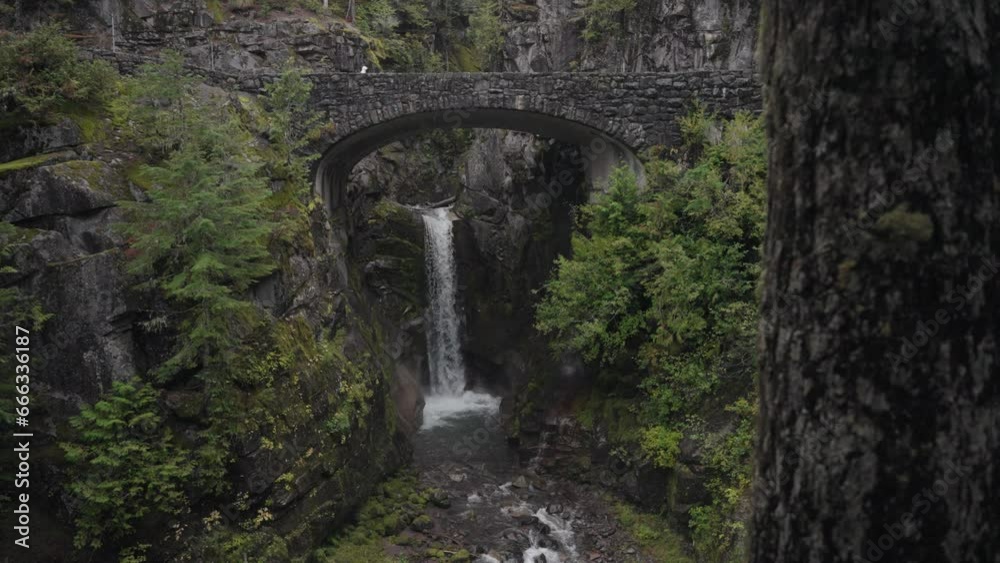 The Christine Falls and Concrete Arch Bridge in Mount Rainier National Park during Rain in Slow Motion The Christine Falls and Concrete Arch Bridge in Mount Rainier National Park during Rain in Slow Motion