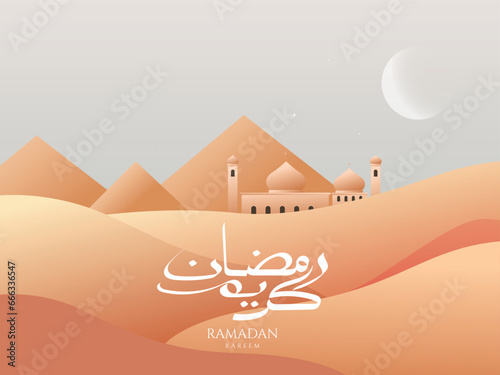 Ramadan modern beautiful design with mosque  moon crescent  dune sands  mountains.