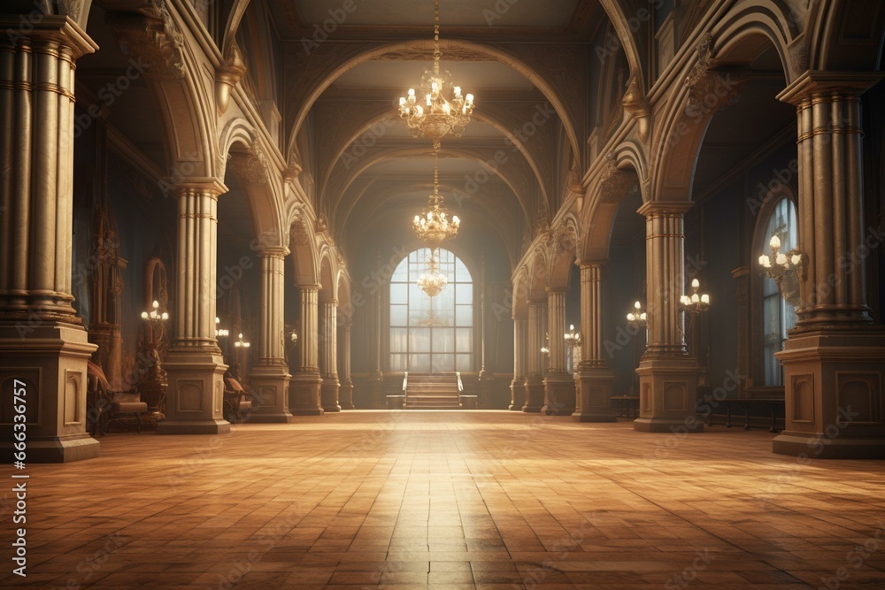 Classic historical hall depicted in a 3D rendered image with a vintage touch. Generative AI