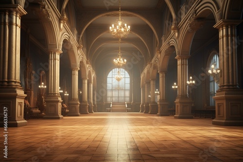 Classic historical hall depicted in a 3D rendered image with a vintage touch. Generative AI