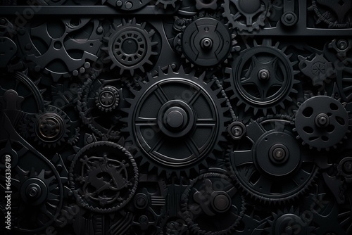 Dark industrial backdrop with a pattern of vehicle parts and gear wheels on a black transport background. Generative AI