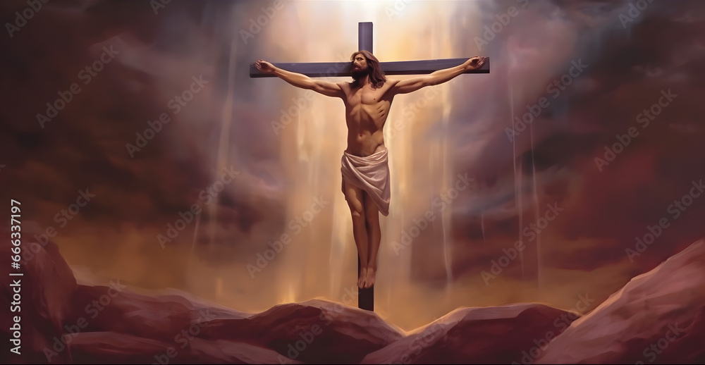 Crucifixion of Jesus Christ at the cross on the mountain. Stock Photo ...