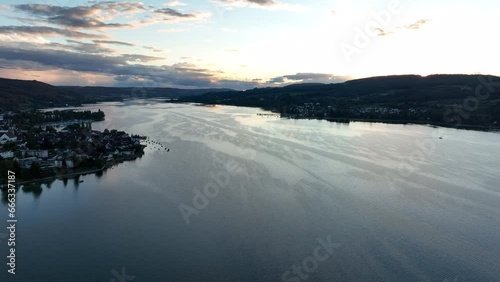 Evening atmosphere with view to Steckborn, drone shot, Lake Constance, Untersee, Berlingen, Thurgau, Switzerland, Europe photo