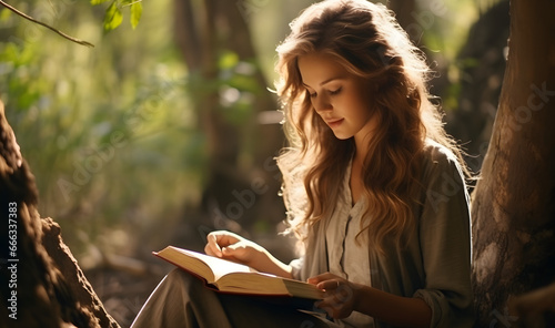 Beautiful caucasian girl reading holy bible book in jungle