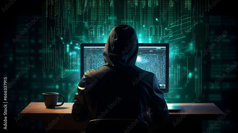 Hacker with computer. Concept of cybercrime, cyberattack, dark web.