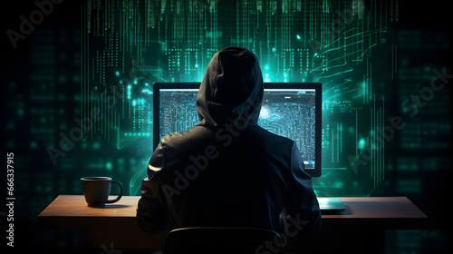 Hacker with computer. Concept of cybercrime, cyberattack, dark web.
