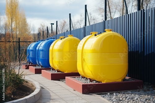 Plastic tanks for home sewage treatment plants. Yellow, blue. Barrel, metal fence. Generative AI
