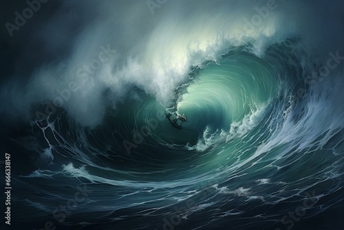Gigantic turquoise ocean wave amidst a tempestuous atmosphere. Generative AI