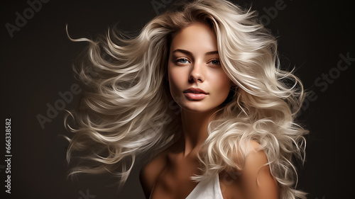 closeup of beautiful young female model woman shaking her beautiful blonde hair hair in motion. White theme on white background .