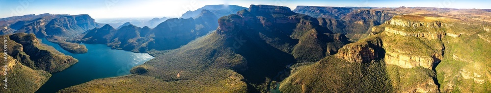 Aerial views of Blyde River Canyon and the three Rondavels in Graskop, Mpumalanga, South Africa - obrazy, fototapety, plakaty 