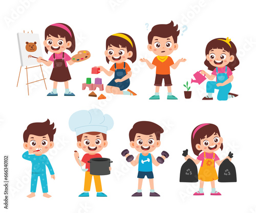 Set of Cute Little Girl Boy Kid Children with Various Different Poses. Activity Isolated Element Objects. Art, Blocks, Watering Plant, Brushing Teeth, Gym. Flat Style Icon Vector Illustration