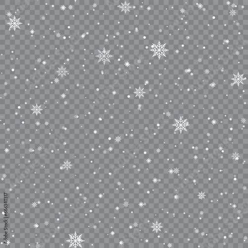 Seamless Xmas pattern with falling snowflakes on transparent background. Vector