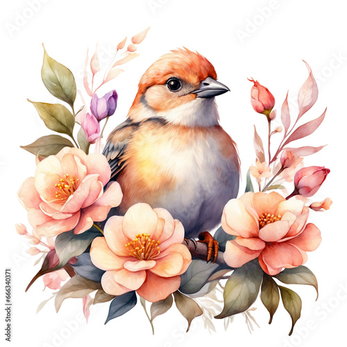 bird on a branch with flowers around