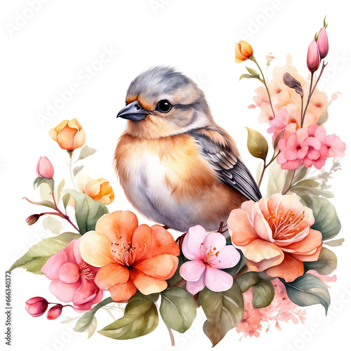 bird on flowers, watercolor illustration