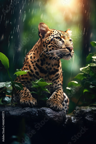 Portrait of a Leopard in a Rainy Jangle