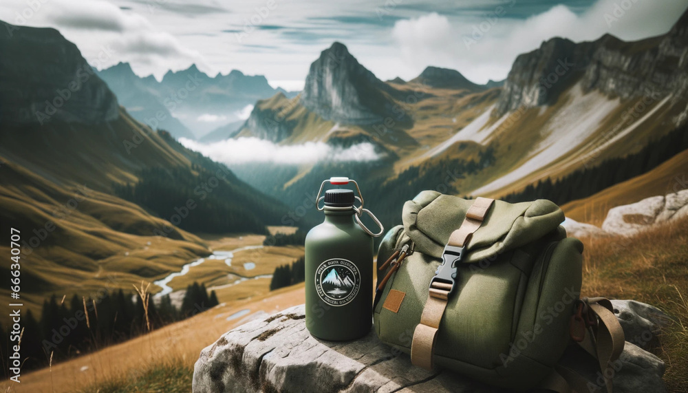 Photo réaliste d'une gourde réutilisable verte avec un logo de montagne dessus, attachée à un sac à dos de randonnée avec un paysage montagneux en arrière-plan. - obrazy, fototapety, plakaty 