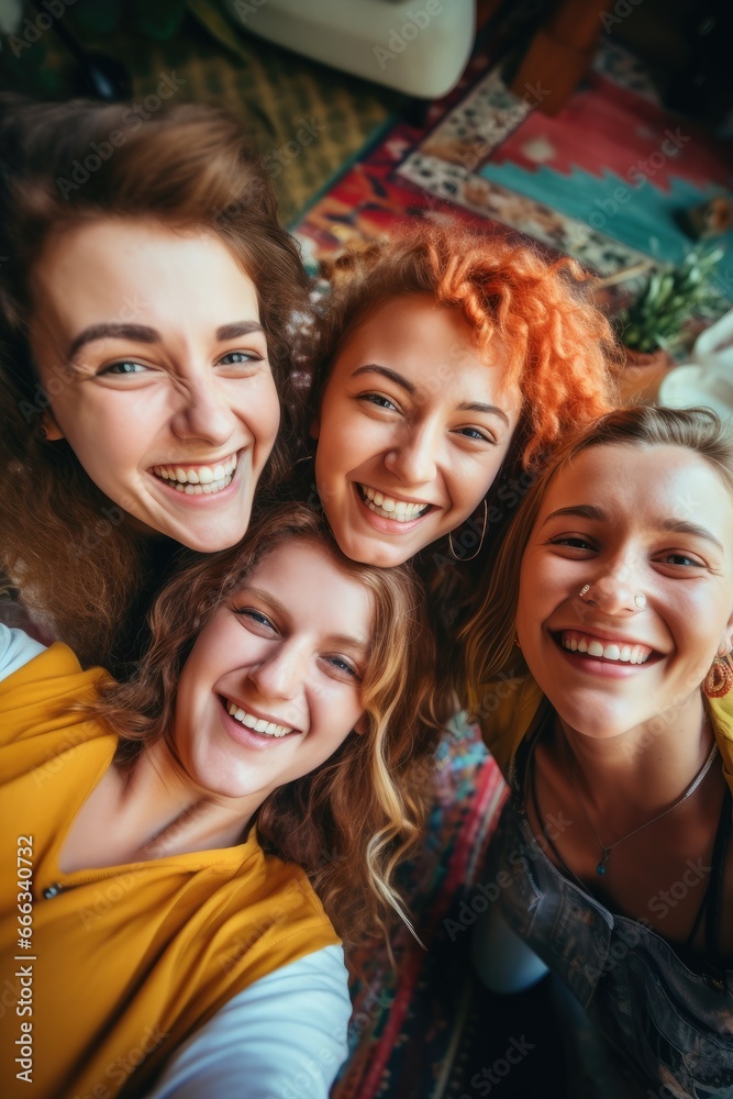Bright selfies for bright people. Friends take a selfie at a house party. A group of cheerful girlfriends having fun together on the weekend.
