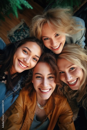 Bright selfies for bright people. Friends take a selfie at a house party. A group of cheerful girlfriends having fun together on the weekend.
