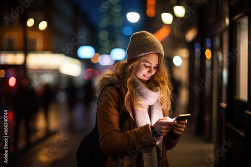 Young woman in London at night looking at her smartphone