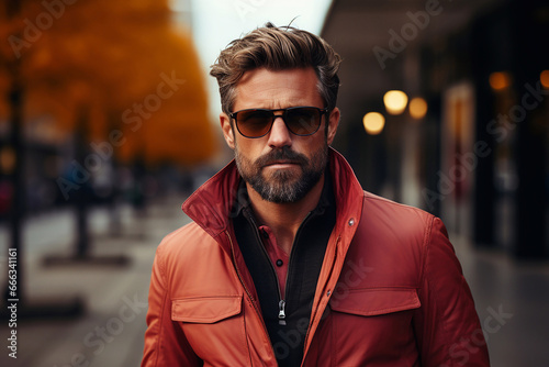 Portrait of a handsome man with a stylish hairstyle in sunglasses on the street close-up.