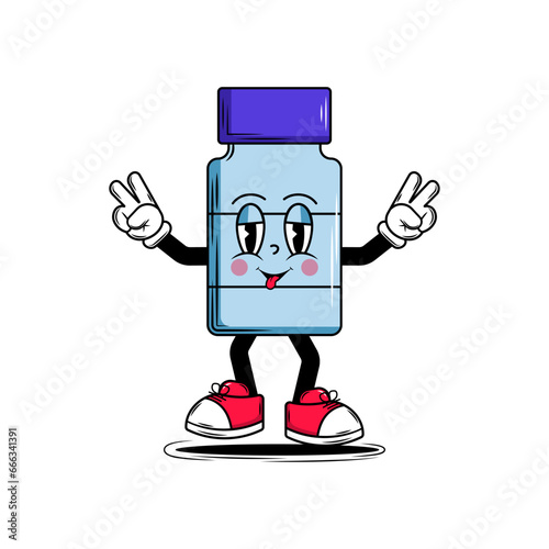 Medical bottle character with face smile in groovy style. Blue colors. For design of medical premises, children's medical books, covers, booklets, leaflets, web, app. Vector illustration